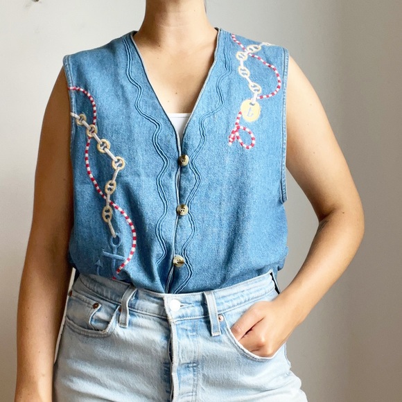 Vintage Lauren Jeffries Denim Nautical Print Vest 100% Cotton Size XL - Picture 2 of 10